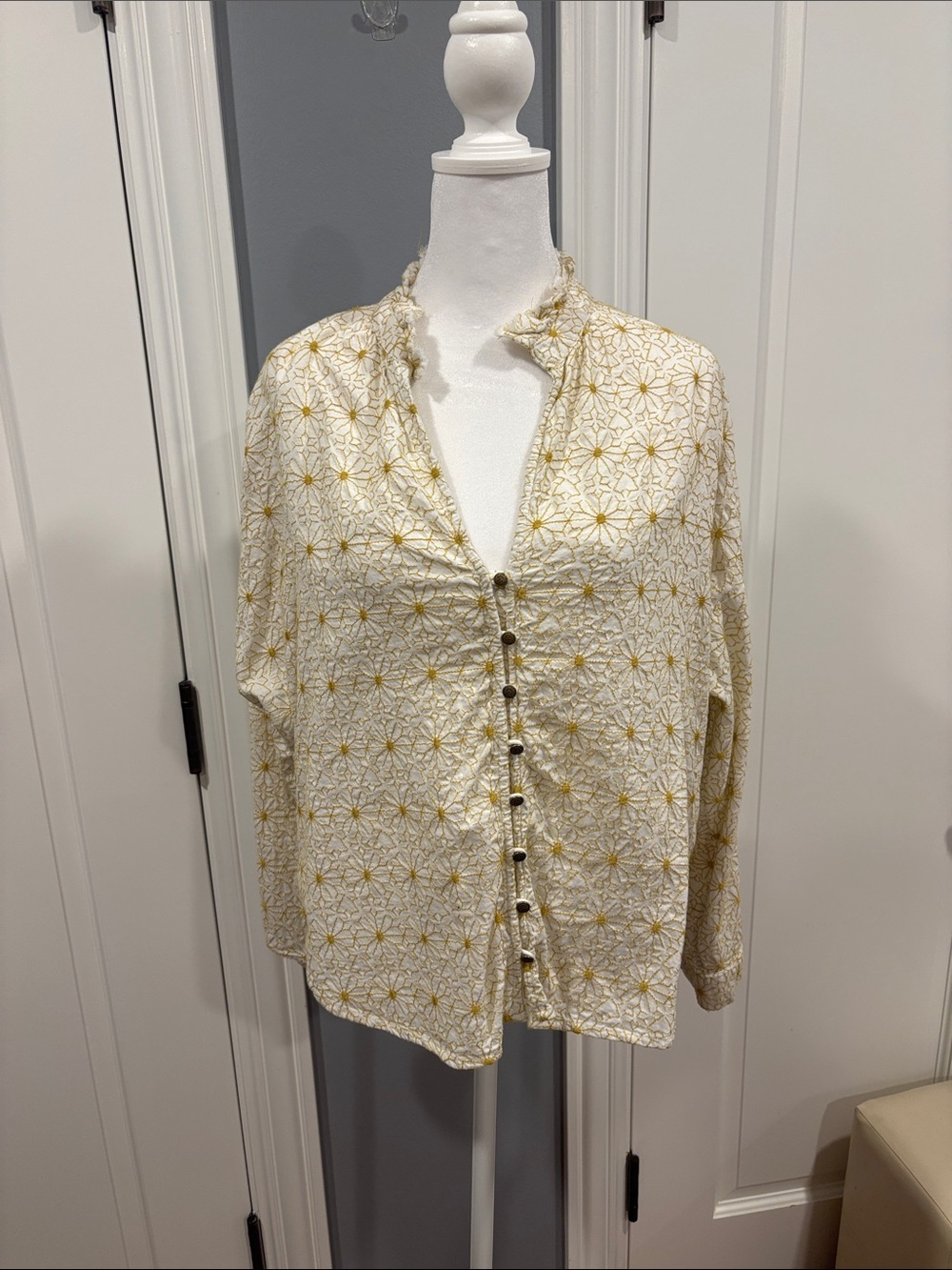 Pilcro Cream Button-Down Blouse with Gold Floral Geometric Print